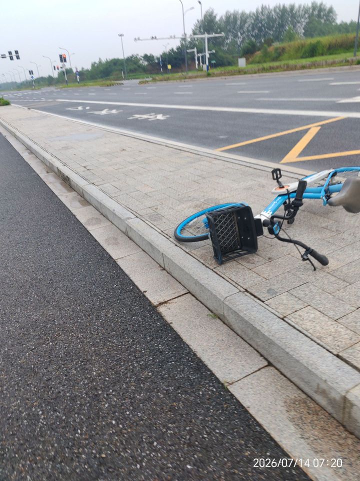 滁州明湖大道路边人行道有一辆共享单车倒地遗弃